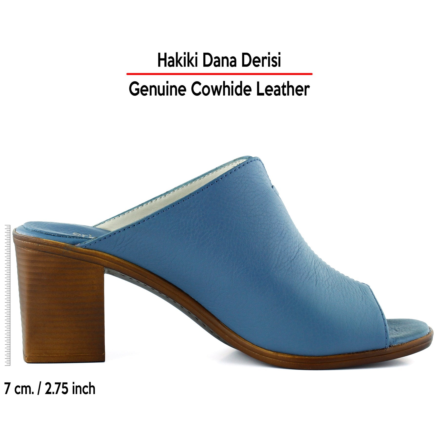 Valery Mavi Hakiki Dana Derisi Önü Açık Kalın Topuklu Terlik