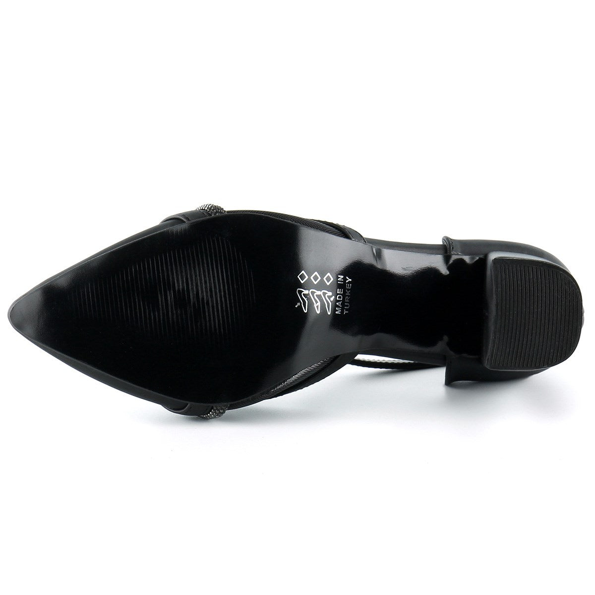 Molly Siyah Saten Taşlı Fileli Kalın Topuklu Ayakkabı