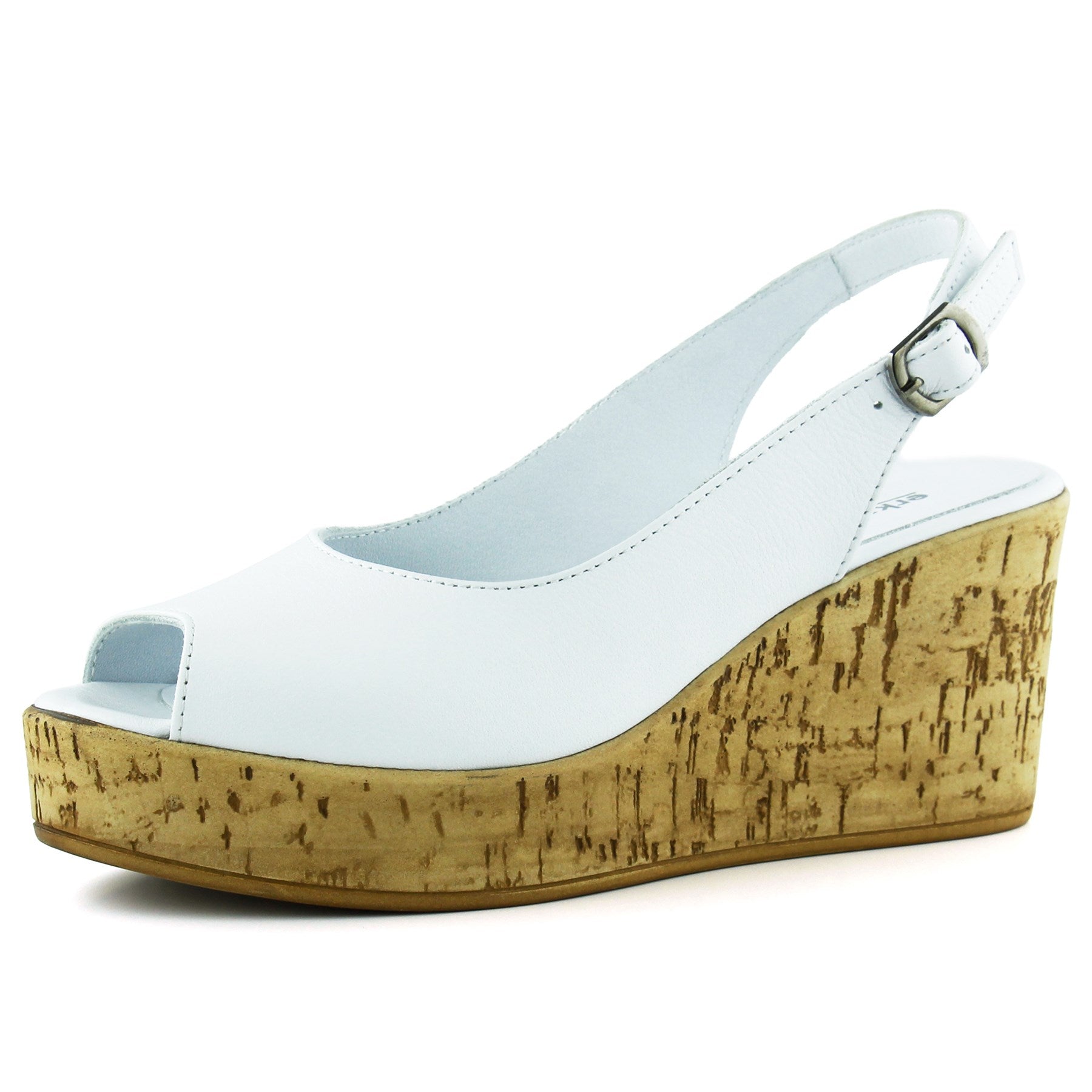 Heather Beyaz Hakiki Dana Derisi Mantar Taban Görünümlü Dolgu Topuklu Slingback Sandalet