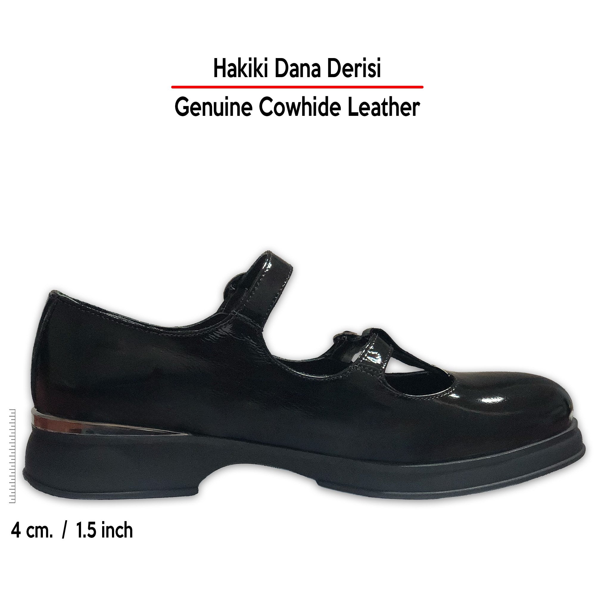 Siyah Rugan Hakiki Dana Derisi Çift Bantlı Mary Jane Kalın Topuklu Günlük Ayakkabı