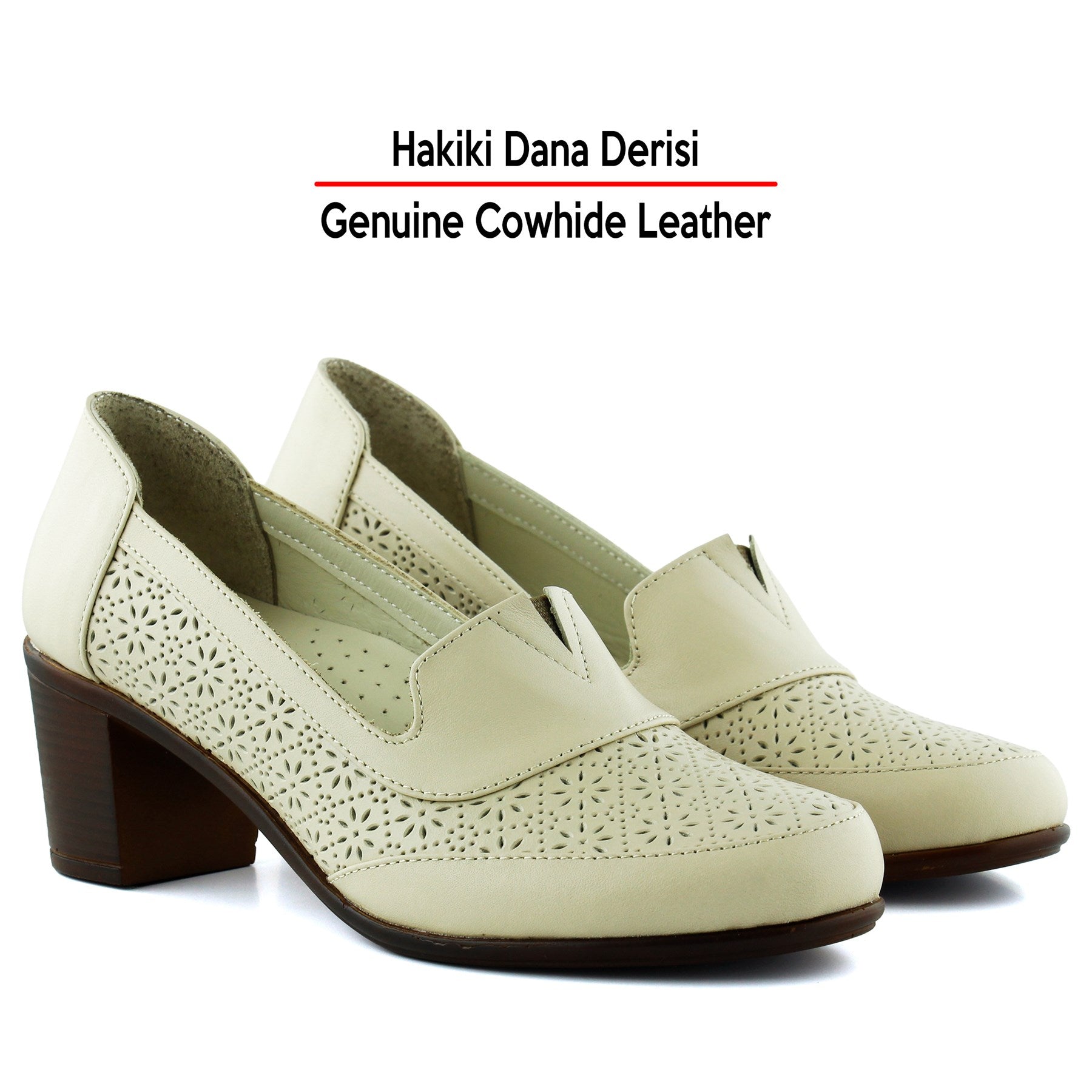 Madre Bej Hakiki Dana Derisi Vintage Desenli Kalın Topuklu Günlük Klasik Ayakkabı