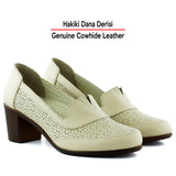 Madre Bej Hakiki Dana Derisi Vintage Desenli Kalın Topuklu Günlük Klasik Ayakkabı