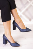 Belinda Plus Lacivert Saten Kalın Topuklu Abiye Ayakkabı
