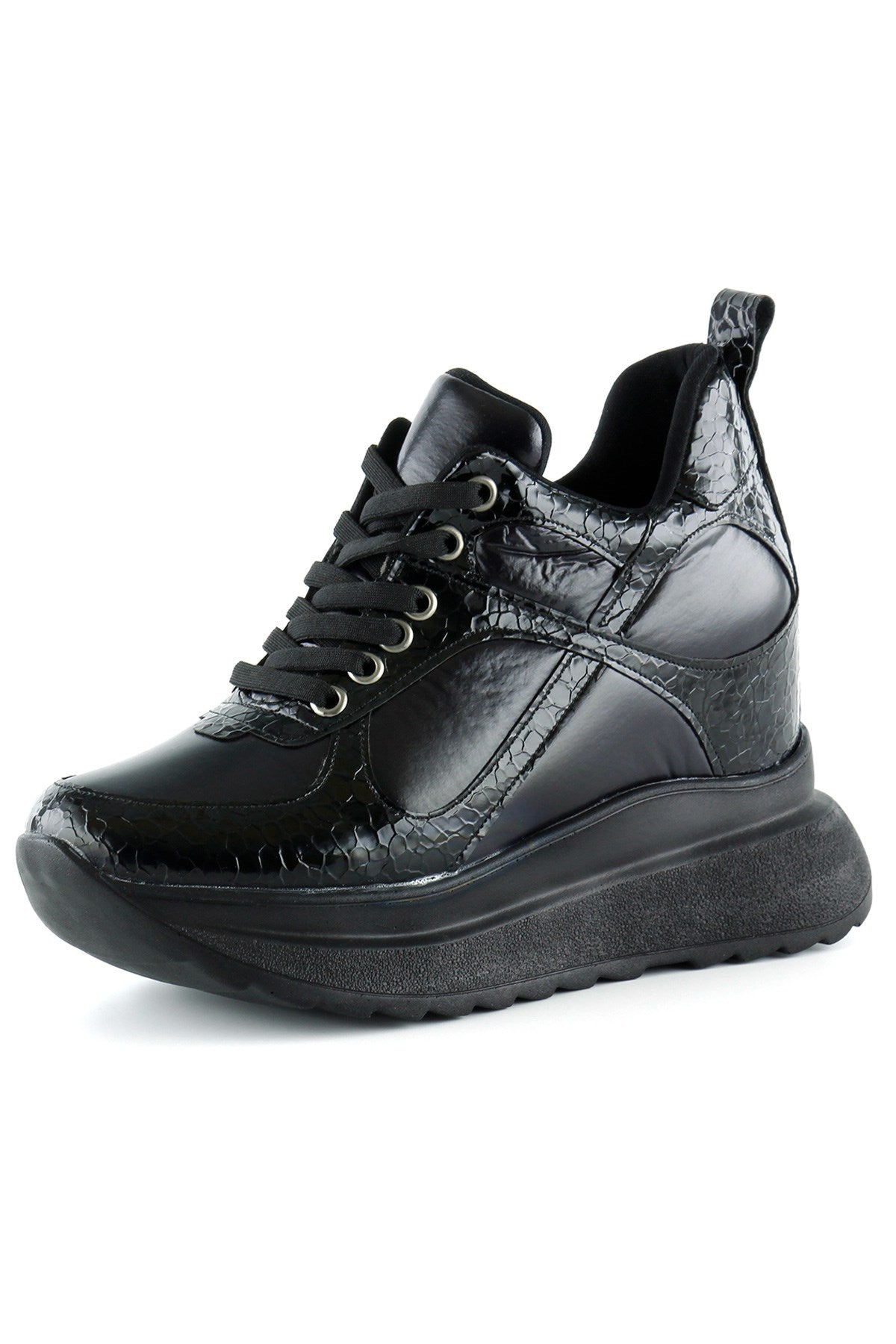 Aurelia Siyah Rugan Croco Desenli Bağcıklı Gizli Dolgu Topuklu Günlük Spor Ayakkabı