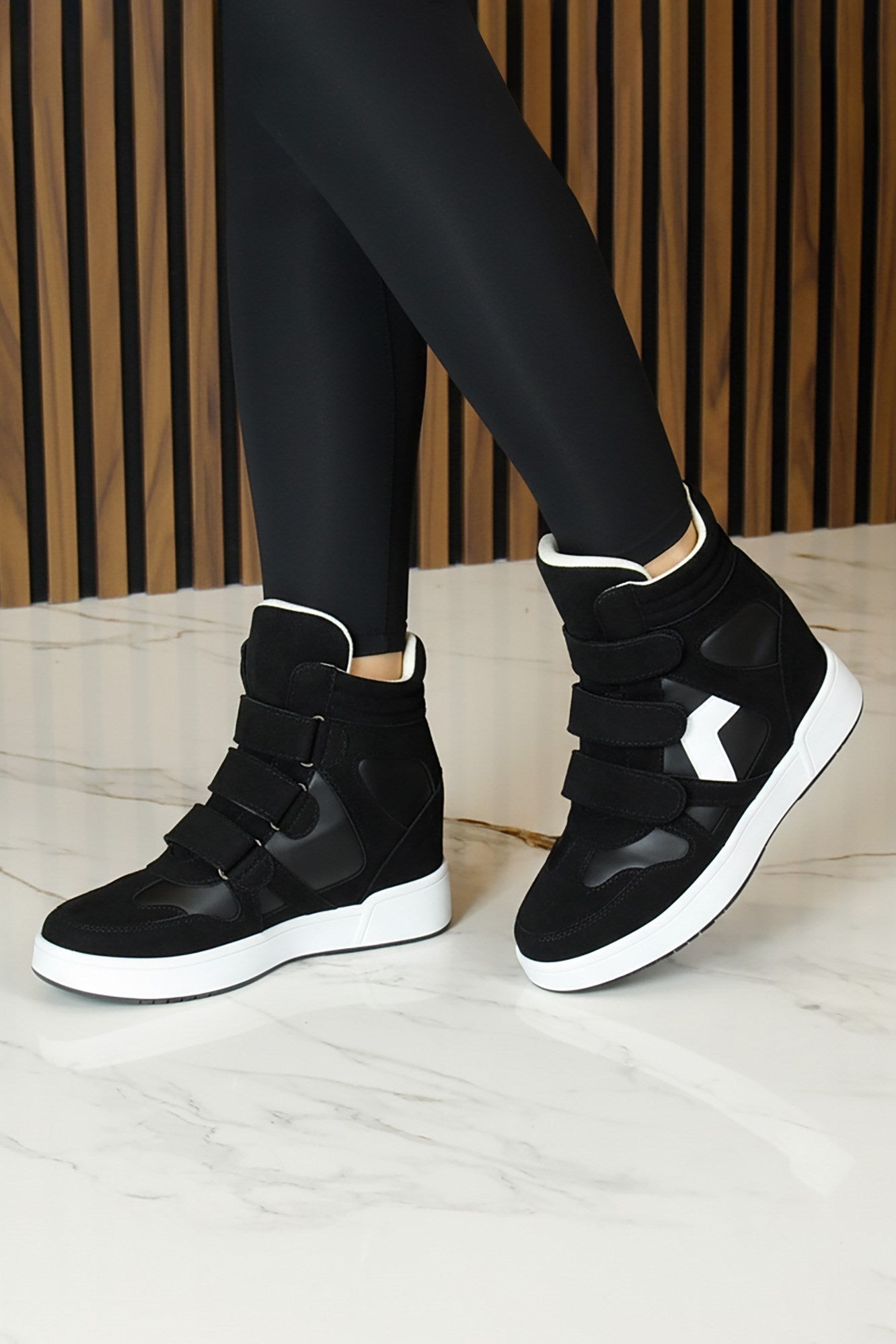 Talvi Siyah Beyaz Süet Yuvarlak Burun Cırt Cırtlı Gizli Dolgu Topuklu Günlük Bot