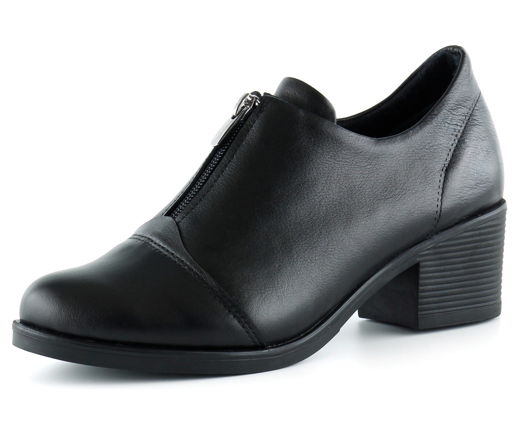 Brittany Siyah Hakiki Deri Fermuarlı Kalın Topuklu Günlük Ayakkabı