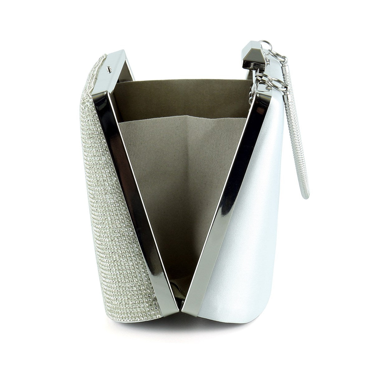 Gümüş Saten Kristal Taşlı Metal Saplı Zincir Askılı Abiye Çanta ( ES0011AC )