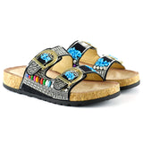 [7048] Siyah Sabit Çift Bantlı Renkli Taşlı Boncuklu Mantar Taban Görünümlü Terlik