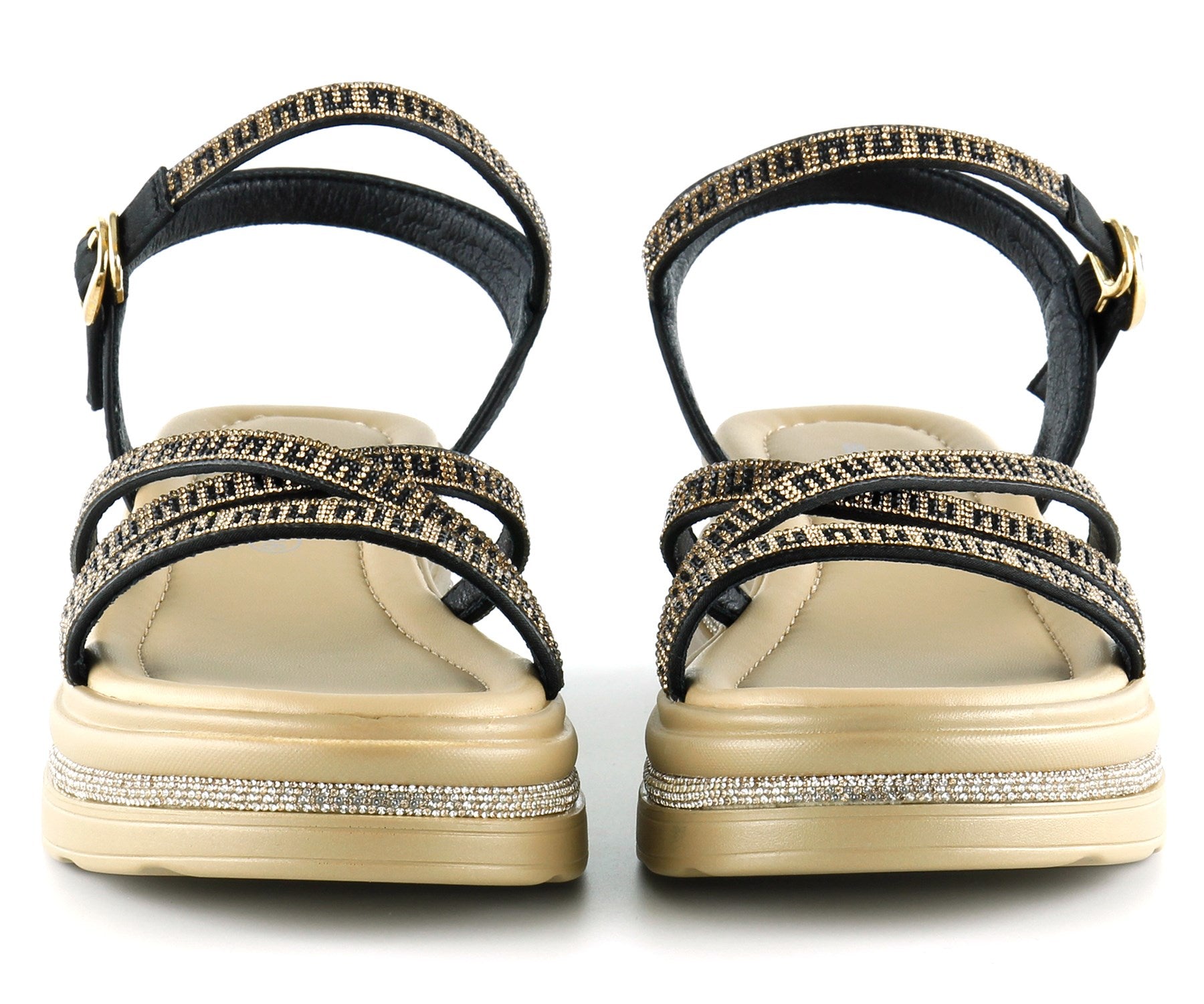 [7026] Siyah Saten Altın Kristal Taşlı Platform Sandalet