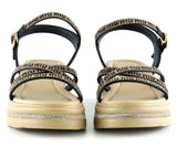 [7026] Siyah Saten Altın Kristal Taşlı Platform Sandalet