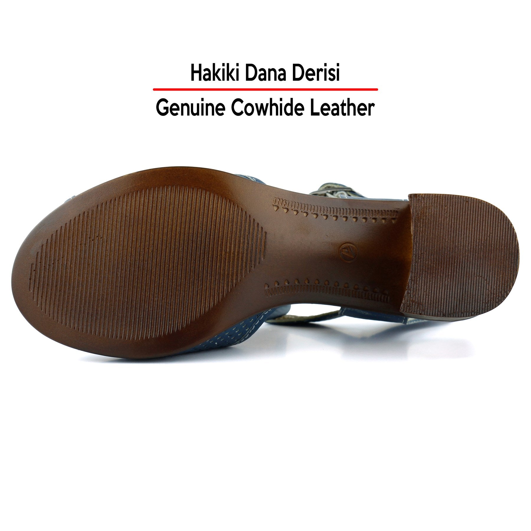 Elena Mavi Hakiki Dana Derisi Önü Arkası Açık Delik Detaylı Kalın Topuklu Rahat Günlük Sandalet