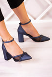 Molly Lacivert Saten Taşlı Fileli Kalın Topuklu Ayakkabı