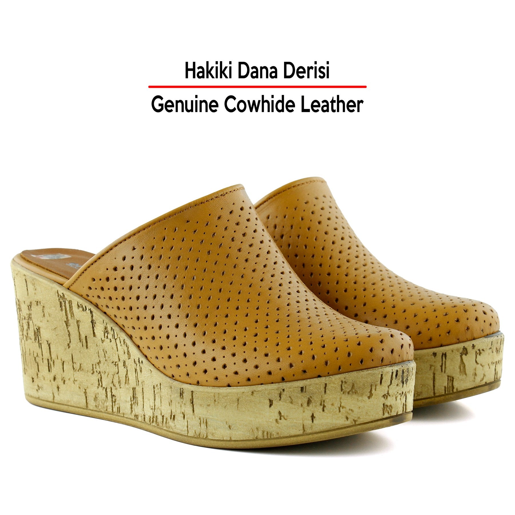 Aria Taba Hakiki Dana Derisi Önü Kapalı Mantar Taban Görünümlü Dolgu Topuklu Terlik