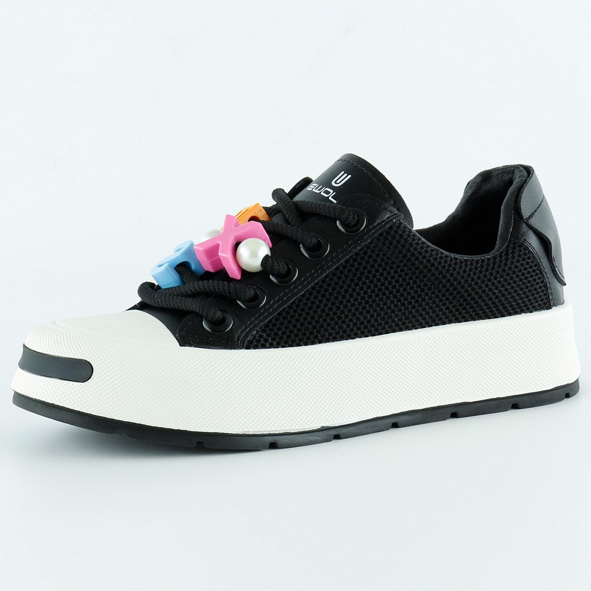 [5020] Siyah Yüksek Taban Spor Fileli Harf Detaylı İncili Bağcıklı Platform Sneaker