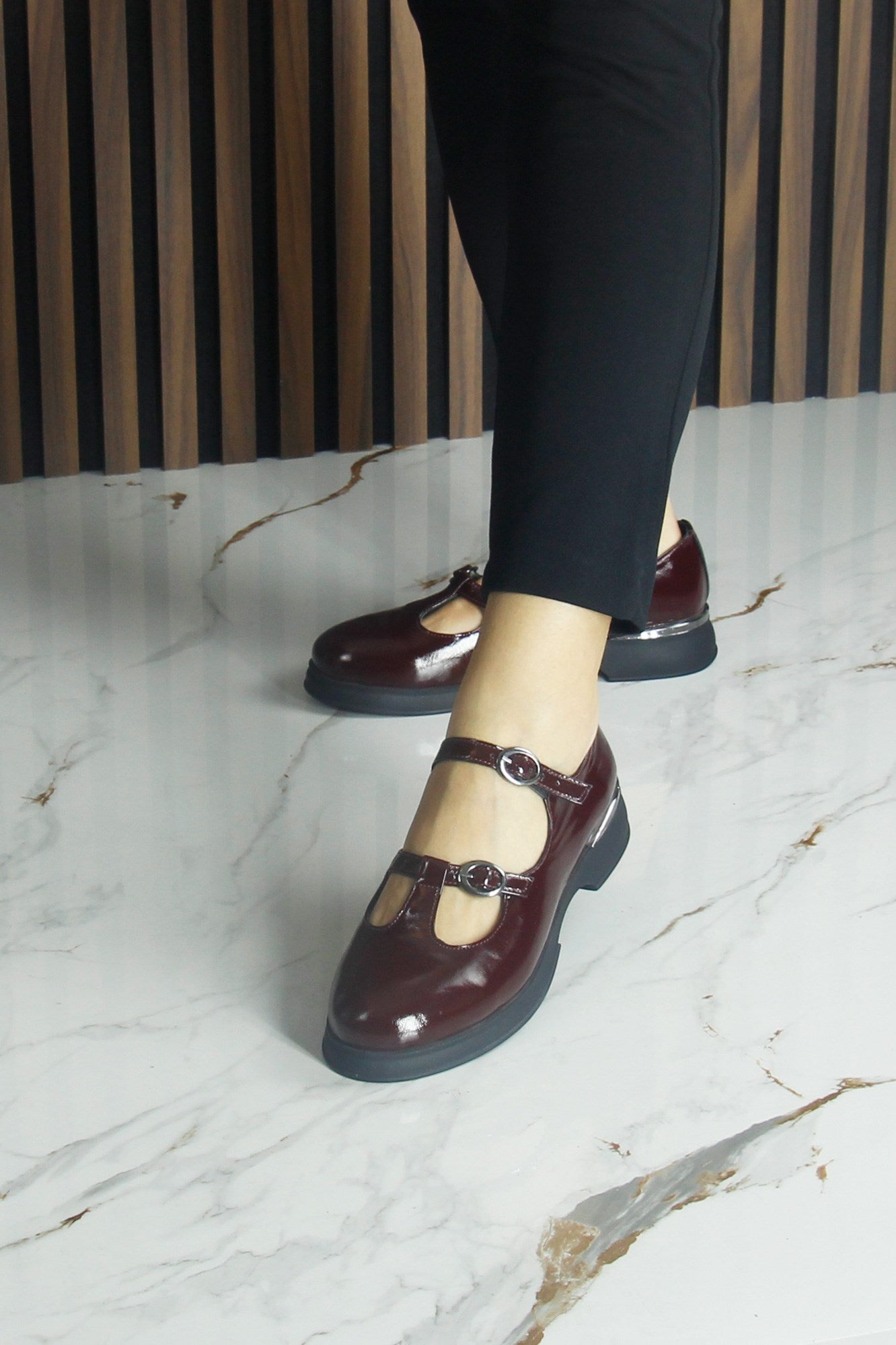 [MAX 53-120] Bordo Rugan Hakiki Dana Derisi Çift Bantlı Mary Jane Kalın Topuklu Günlük Ayakkabı