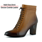 [MAX 234] Taba Hakiki Dana Derisi Bağcıklı Fermuarlı Sivri Burun Kalın Topuklu Günlük Bot
