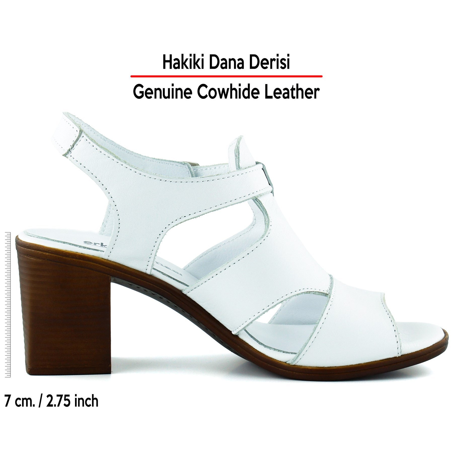 Svajone Beyaz Hakiki Dana Derisi Kesik Detaylı Tokalı Kalın Topuklu Rahat Günlük Sandalet