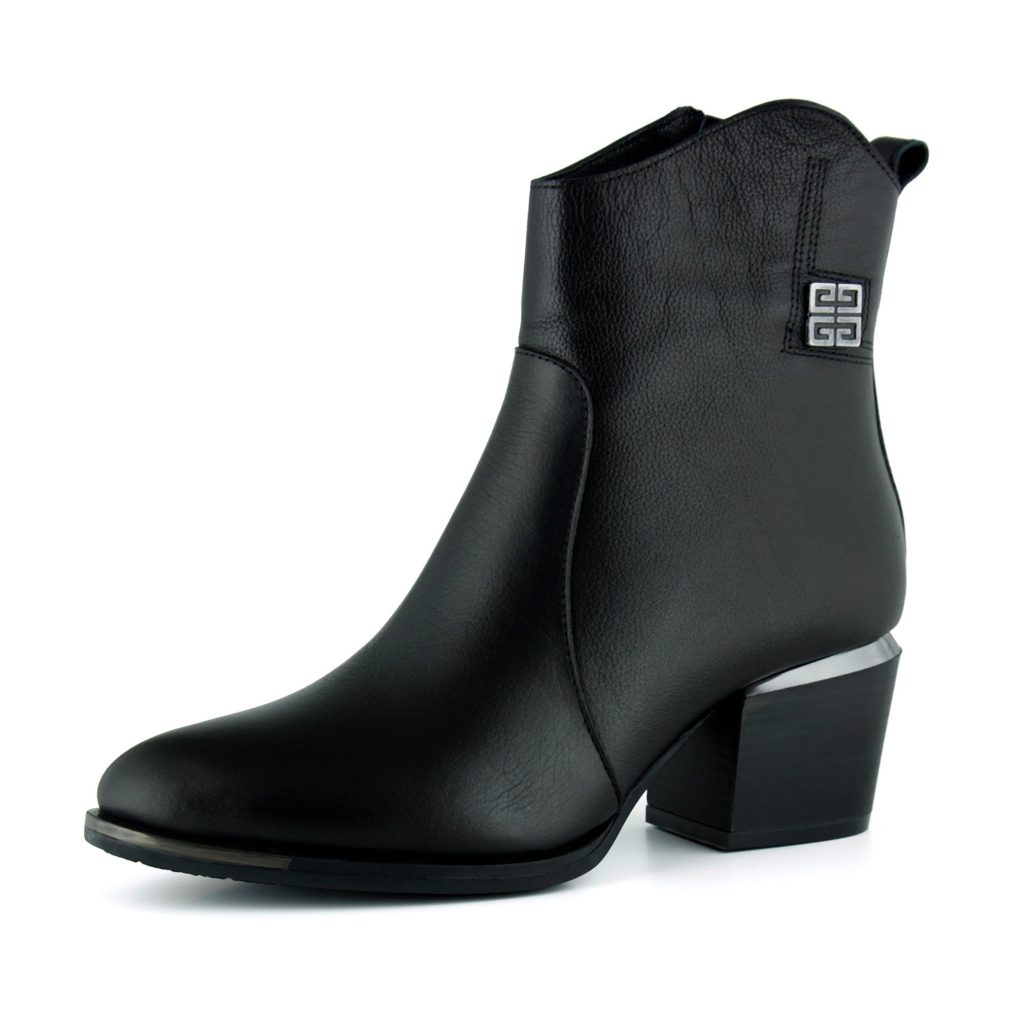 [MAX 504] Siyah Hakiki Dana Derisi Tokalı Fermuarlı Sivri Burun Kalın Topuklu Günlük Bot