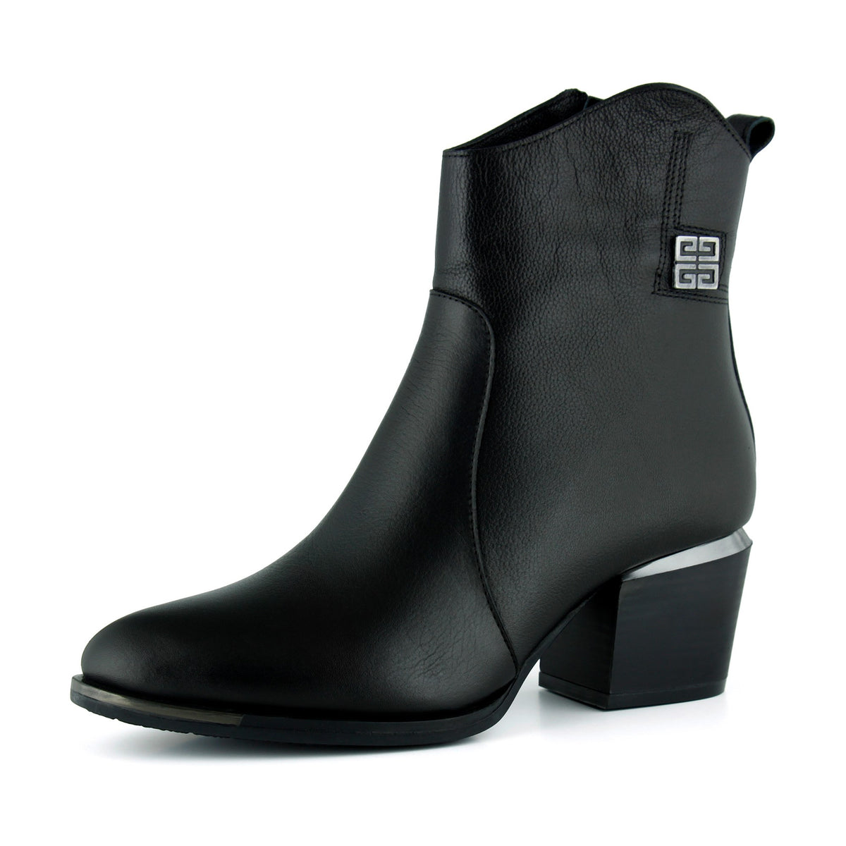 [MAX 504] Siyah Hakiki Dana Derisi Tokalı Fermuarlı Sivri Burun Kalın Topuklu Günlük Bot