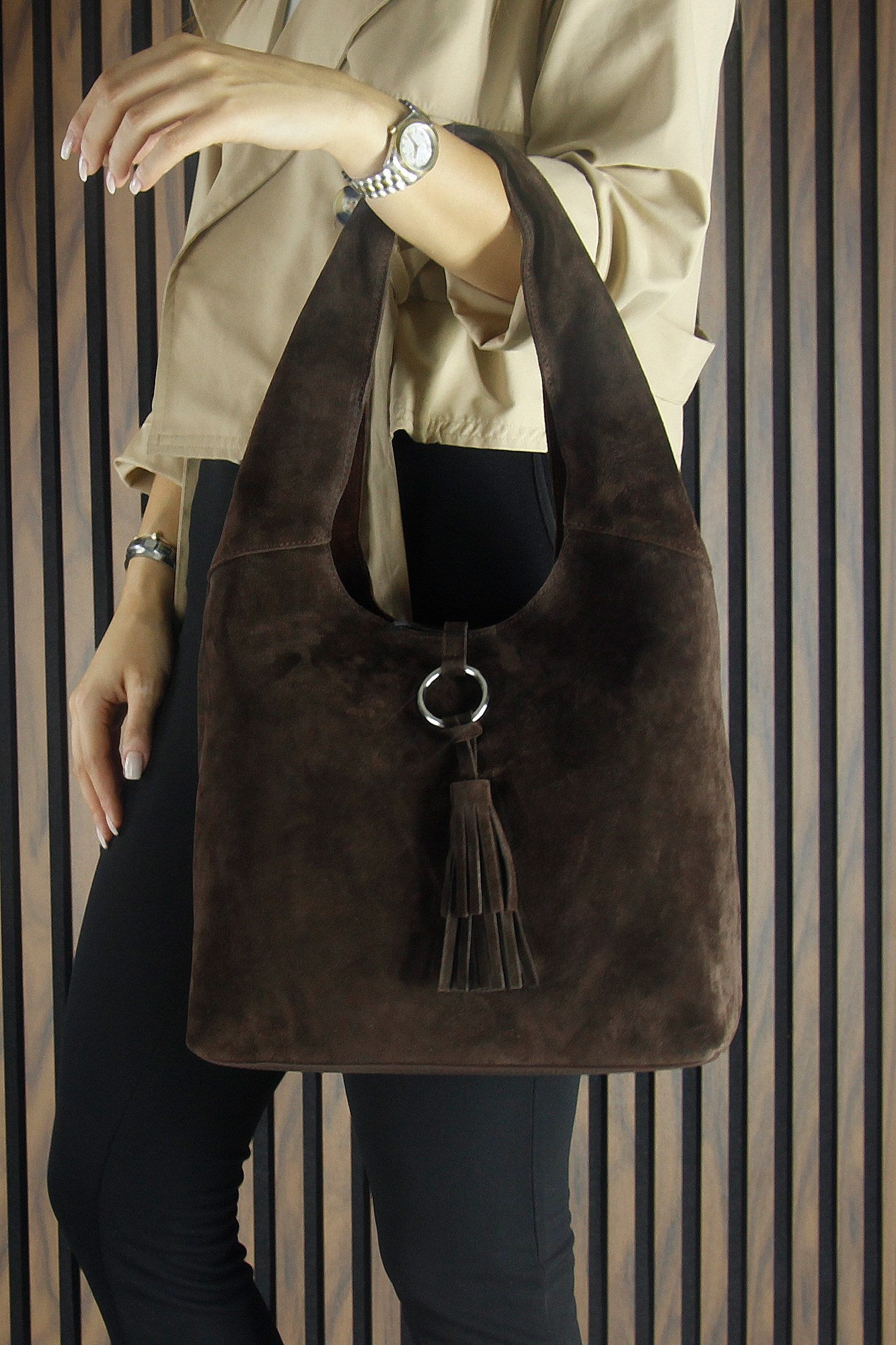 (VSN5015OC) Kahve Hakiki Dana Süet Püsküllü Manyetik Kapaklı Orta Boy Günlük Omuz Çantası