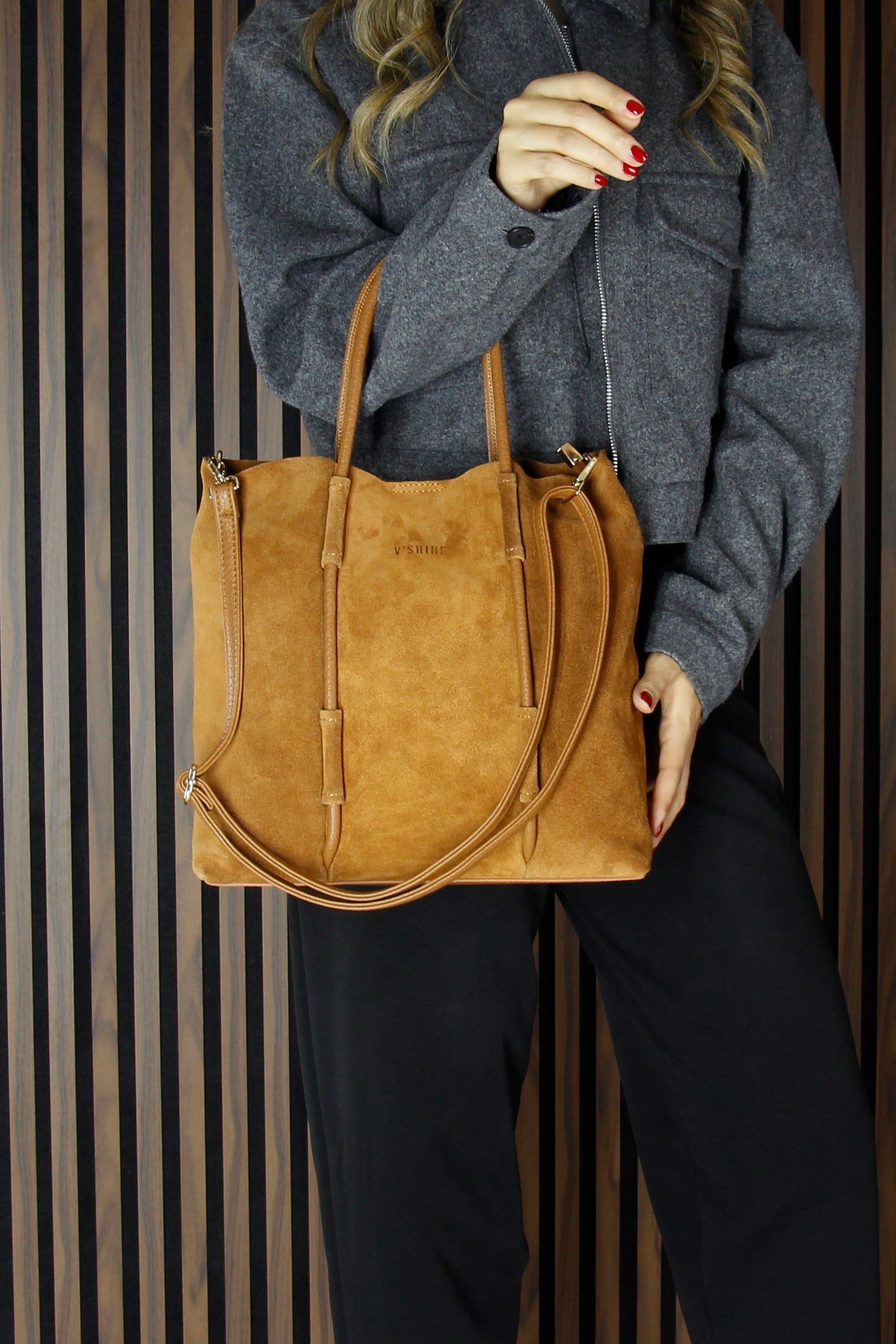 (VSN5013OC) Taba Hakiki Dana Süet Manyetik Kapaklı Fermuarlı İç Cepli Askılı Büyük Boy Günlük Omuz Çantası