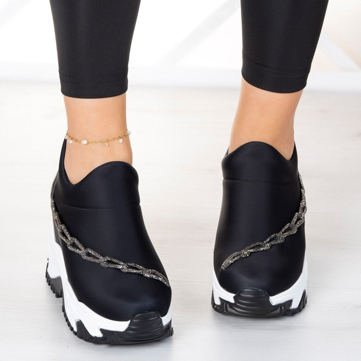 Maggie Siyah Streç Gümüş Zincirli Gizli Dolgu Günlük Ayakkabı