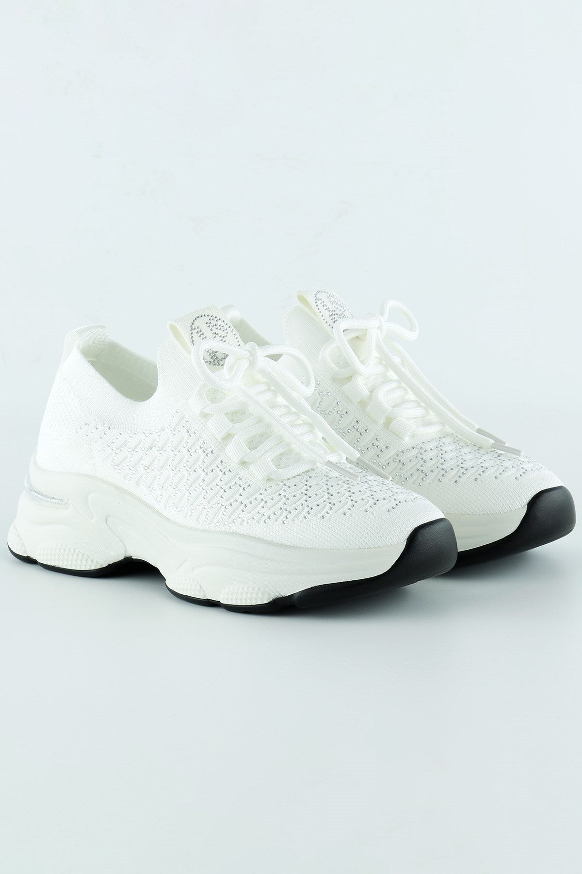 [5031] Beyaz Örgü Dokuma Taş Detaylı Bağcıklı Slip-on Sneaker