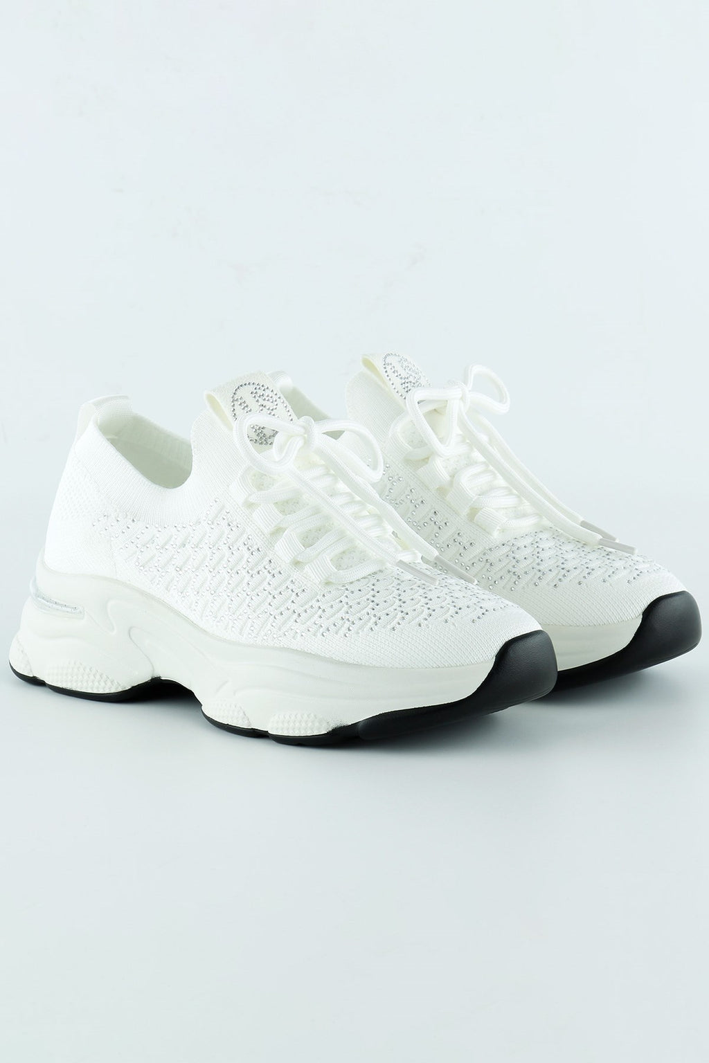 [5031] Beyaz Örgü Dokuma Taş Detaylı Bağcıklı Slip-on Sneaker
