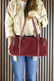 (VSN5020OC) Bordo Hakiki Dana Süet Fermuarlı Üç Bölmeli Boncuk Aksesuarlı Günlük Büyük Boy Omuz Çantası