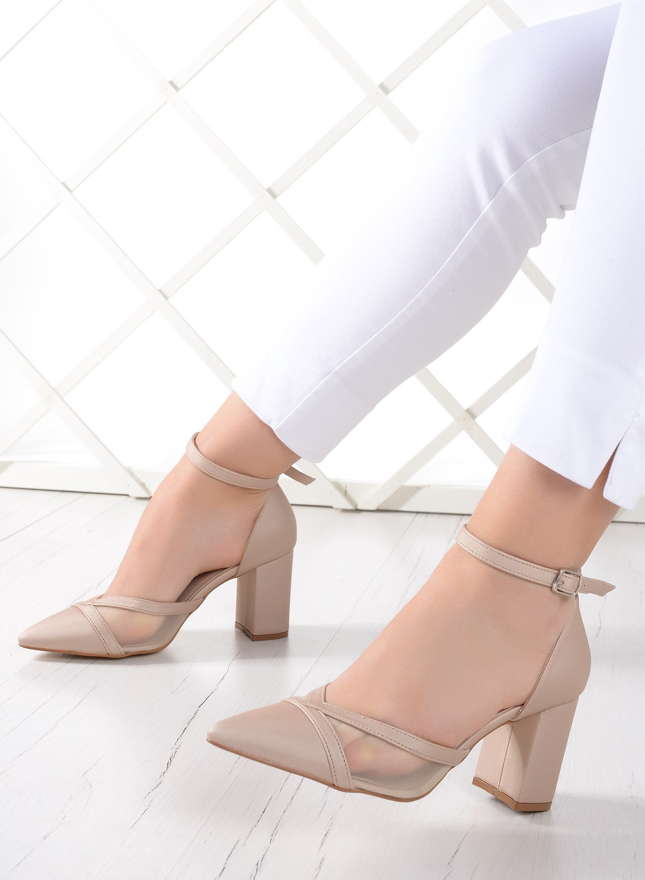 Millie Ten Saten Fileli Kalın Topuklu Abiye Ayakkabı