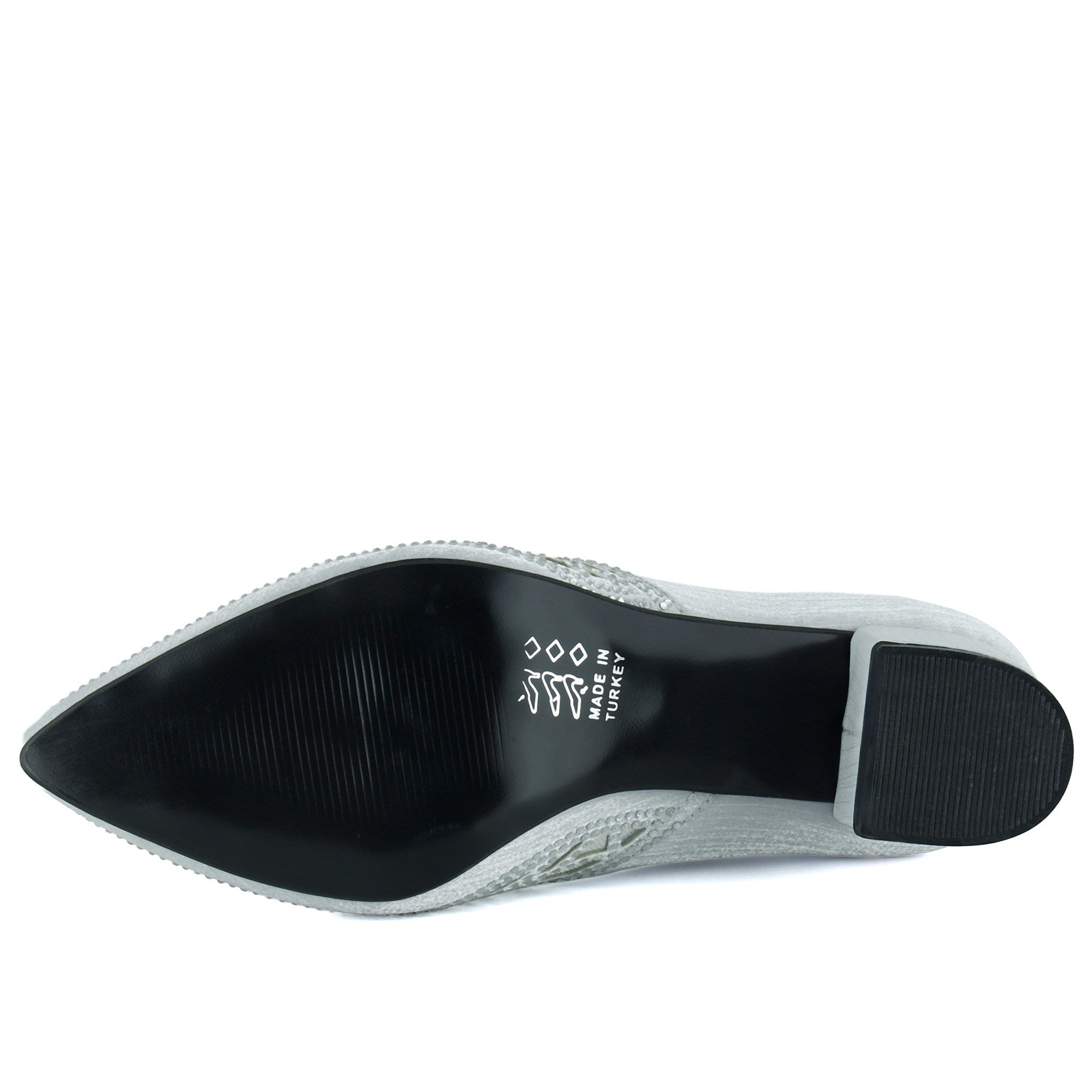 Patricia Gümüş Saten Taşlı Fileli Sivri Burun Kalın Topuklu Abiye Ayakkabı