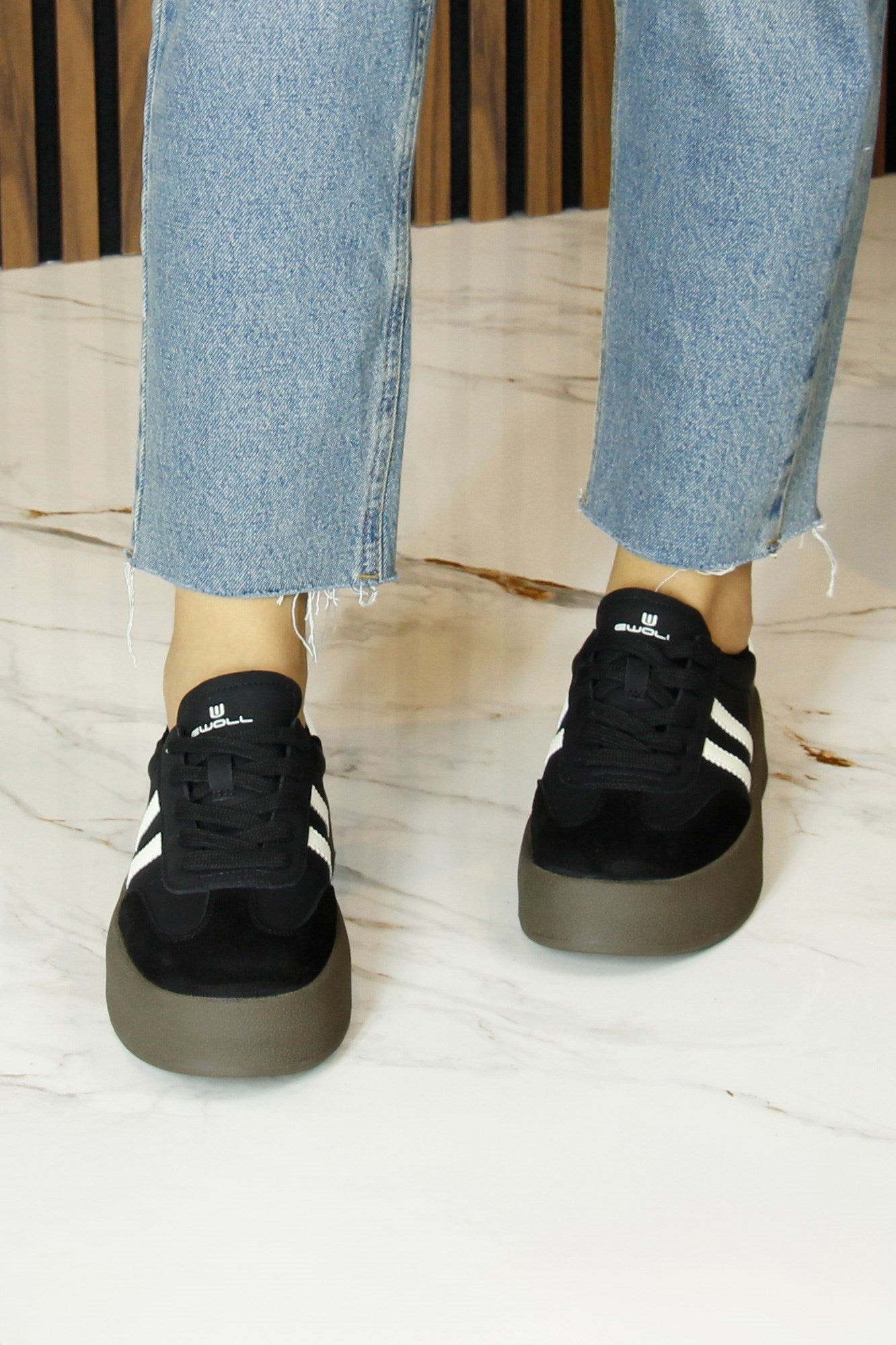 [8027] Siyah Vegan Süet Yuvarlak Burun Bağcıklı Flatform Taban Günlük Sneaker Spor Ayakkabı