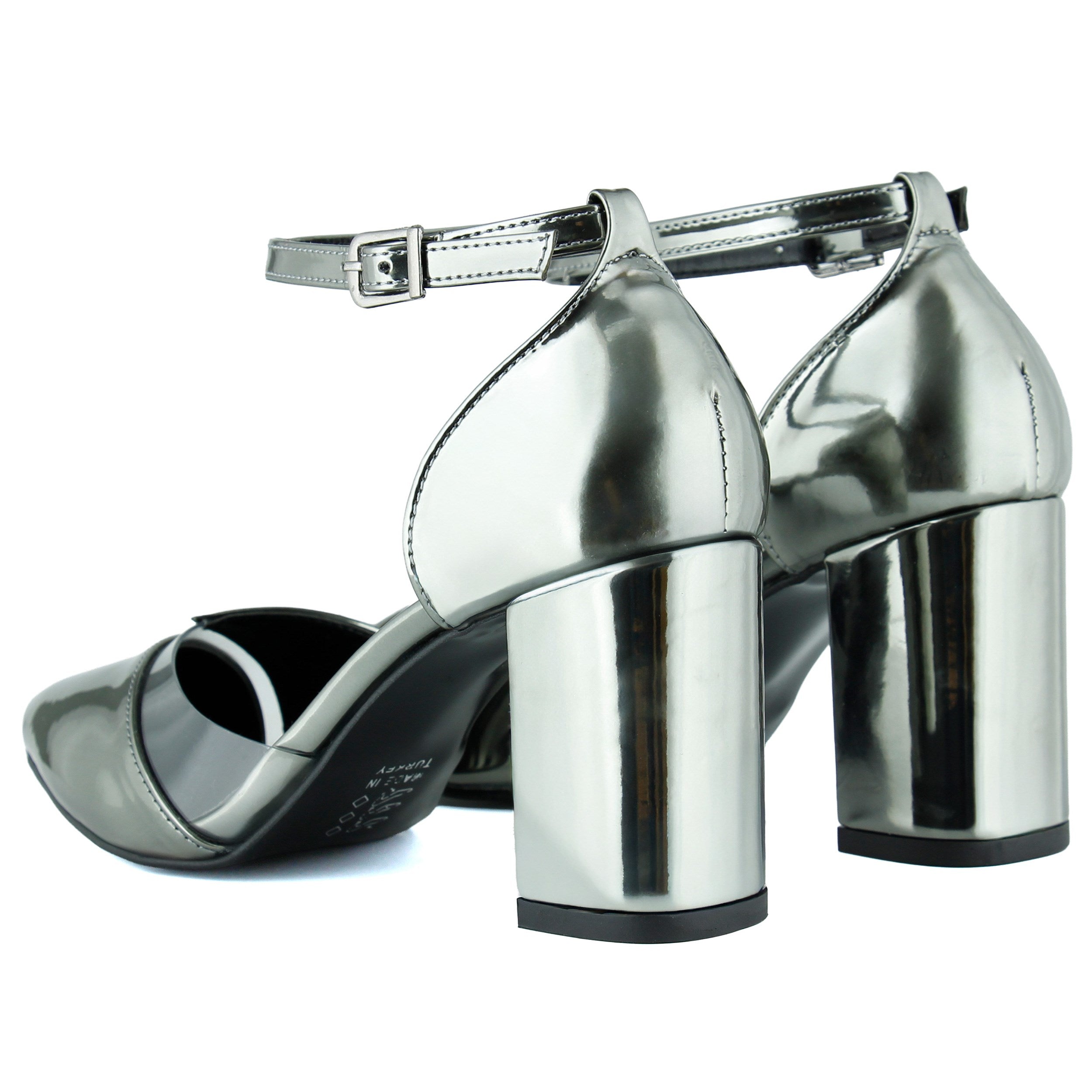 Aurora Platin Ayna Şeffaf Tasarım Sivri Burun Kalın Topuklu Klasik Ayakkabı