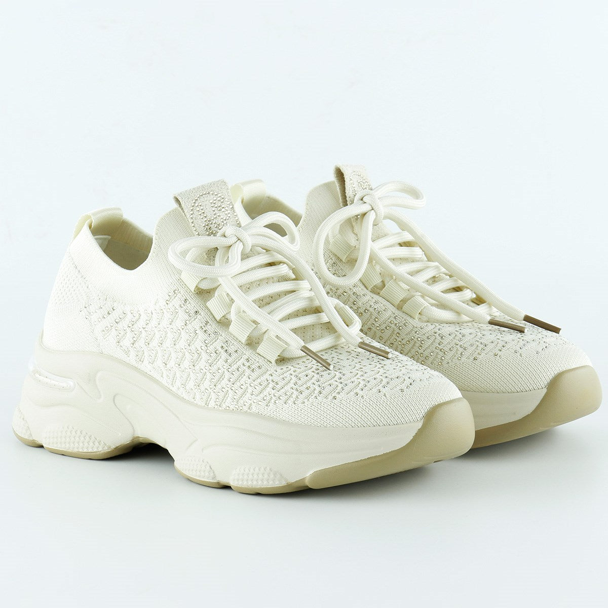 [5031] Bej Örgü Dokuma Taş Detaylı Bağcıklı Slip-on Sneaker