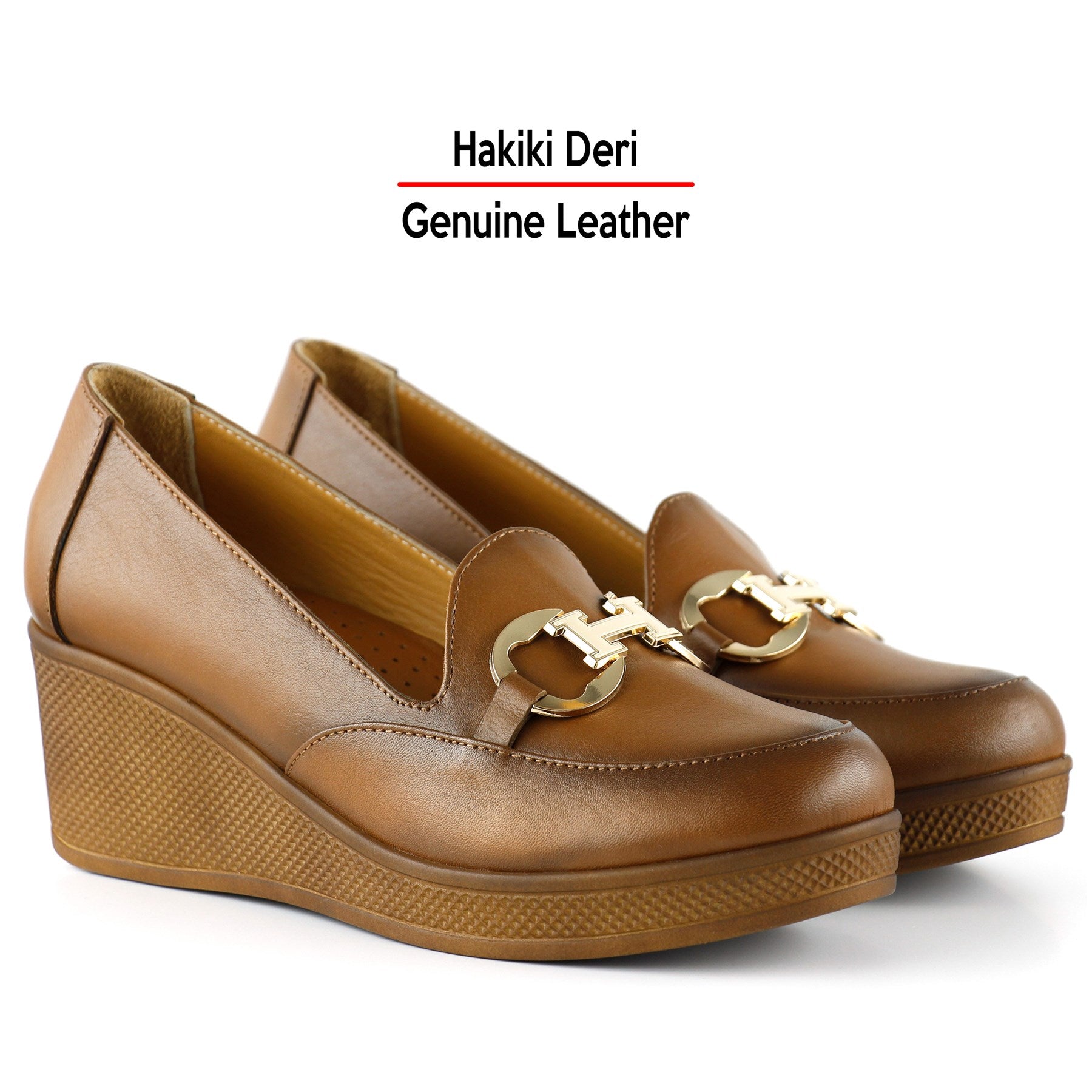 Hayley Taba Hakiki Deri Tokalı Yuvarlak Burun Dolgu Topuklu Günlük Ayakkabı