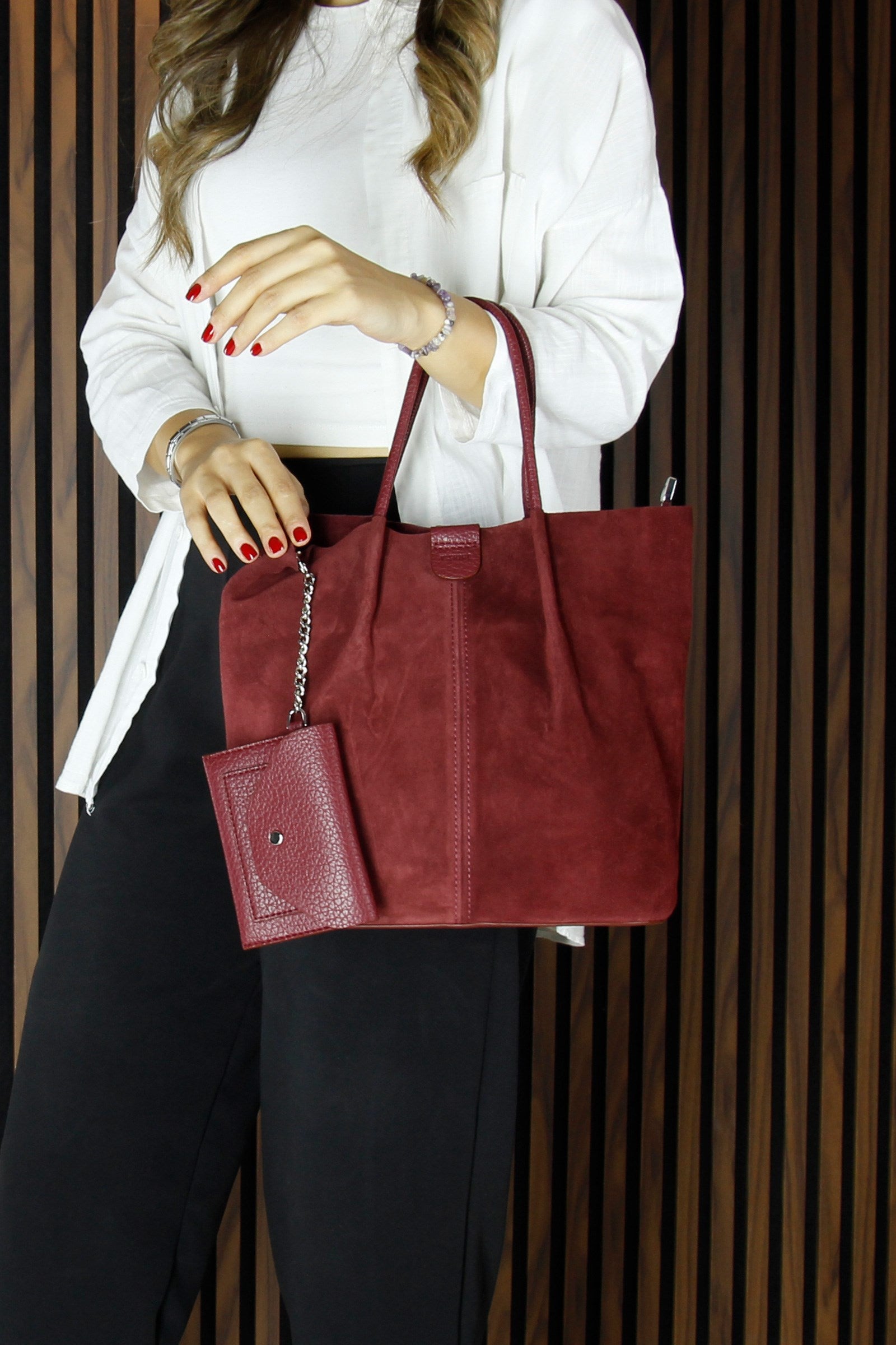 (VSN5010OC) Bordo Hakiki Dana Süet Manyetik Kapaklı İç Cepli Askılı Günlük Büyük Boy Omuz Çantası ve Cüzdanı