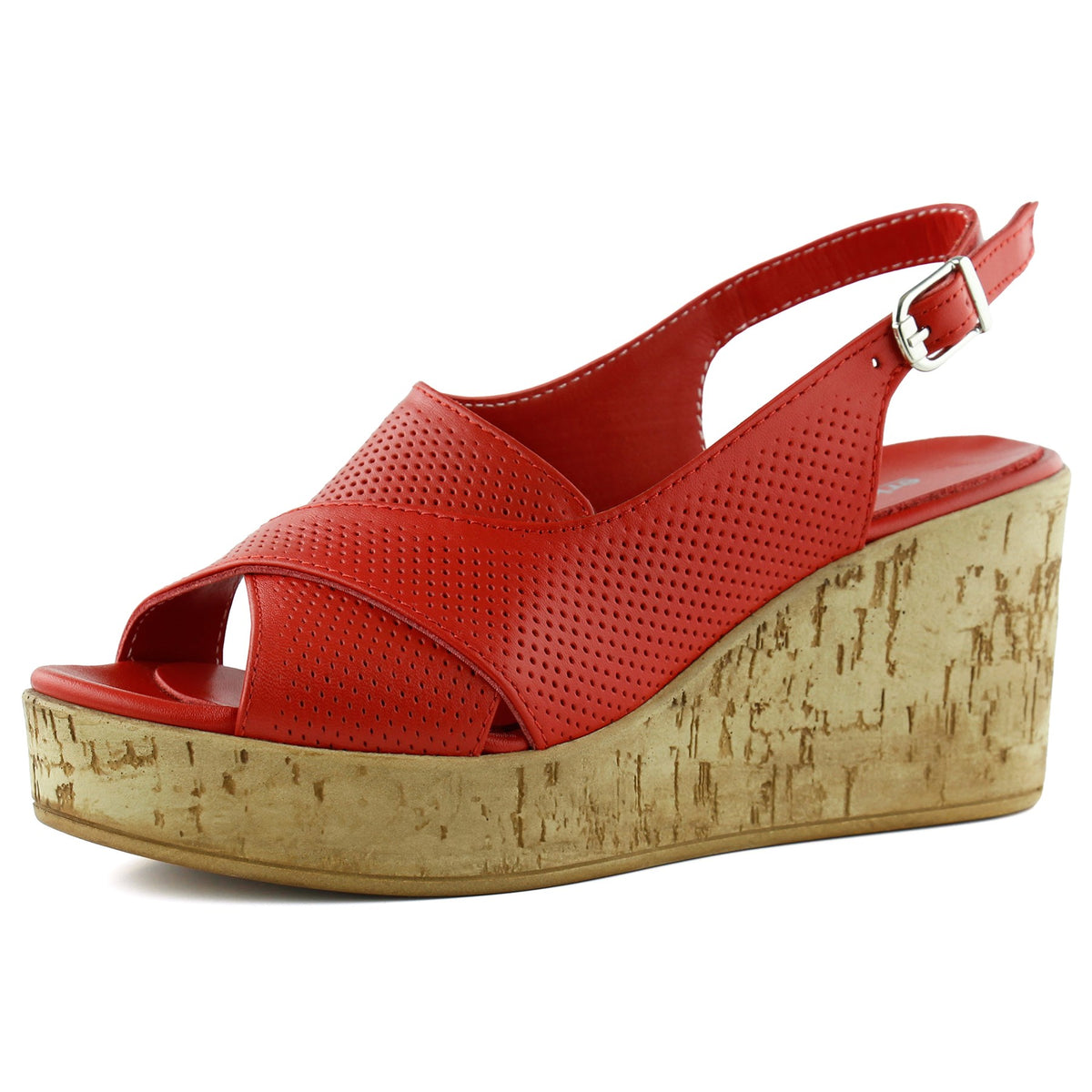 Serie Kırmızı Hakiki Dana Derisi Delik Detaylı Mantar Taban Görünümlü Dolgu Topuklu Sandalet