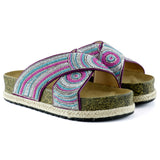 [7037] Pembe Turkuaz Boncuklu Çapraz Bantlı Kristal Taşlı Hasır Detaylı Mantar Taban Görünümlü Terli