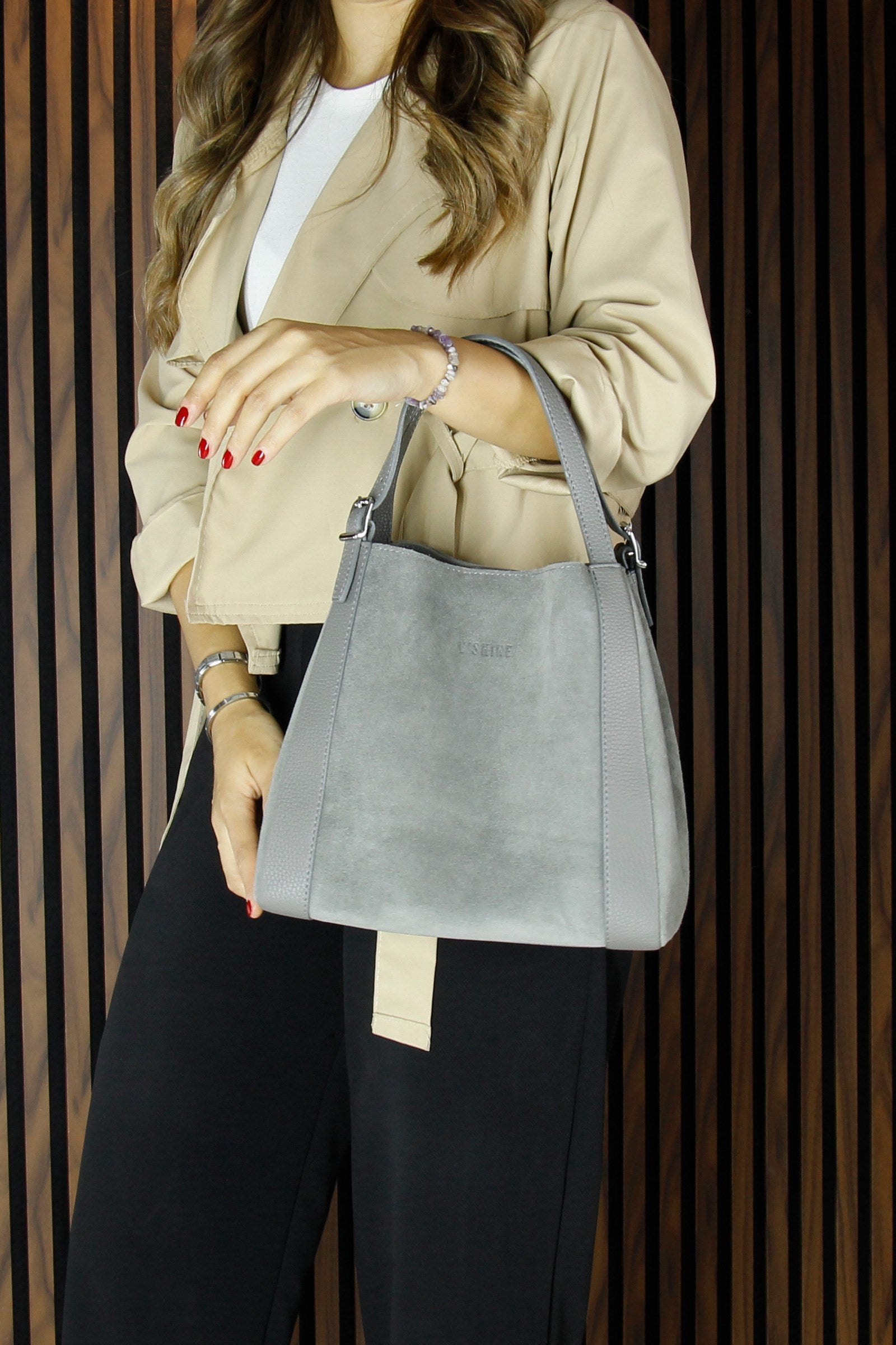 (VSN5012OC) Gri Hakiki Dana Süet Manyetik Kapaklı Büyük Boy Günlük Omuz Çantası ve Askılı El Çantası