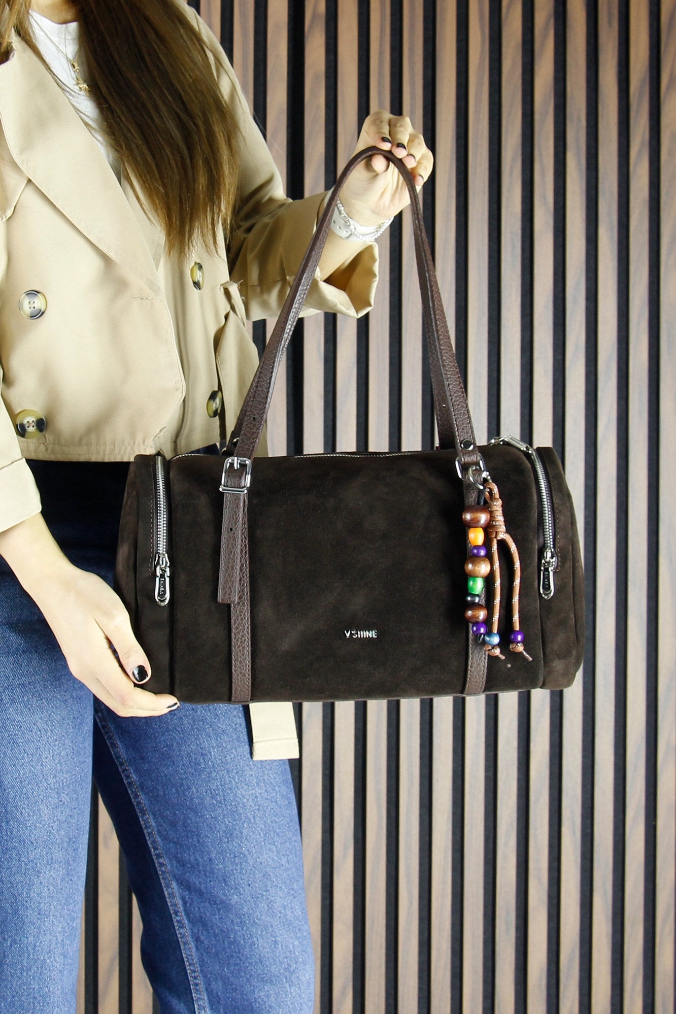 (VSN5020OC) Kahve Hakiki Dana Süet Fermuarlı Üç Bölmeli Boncuk Aksesuarlı Günlük Büyük Boy Omuz Çantası