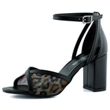 Charlotte Siyah Leopar Çapraz Bantlı Fileli Kalın Topuklu Zarif Abiye Ayakkabı