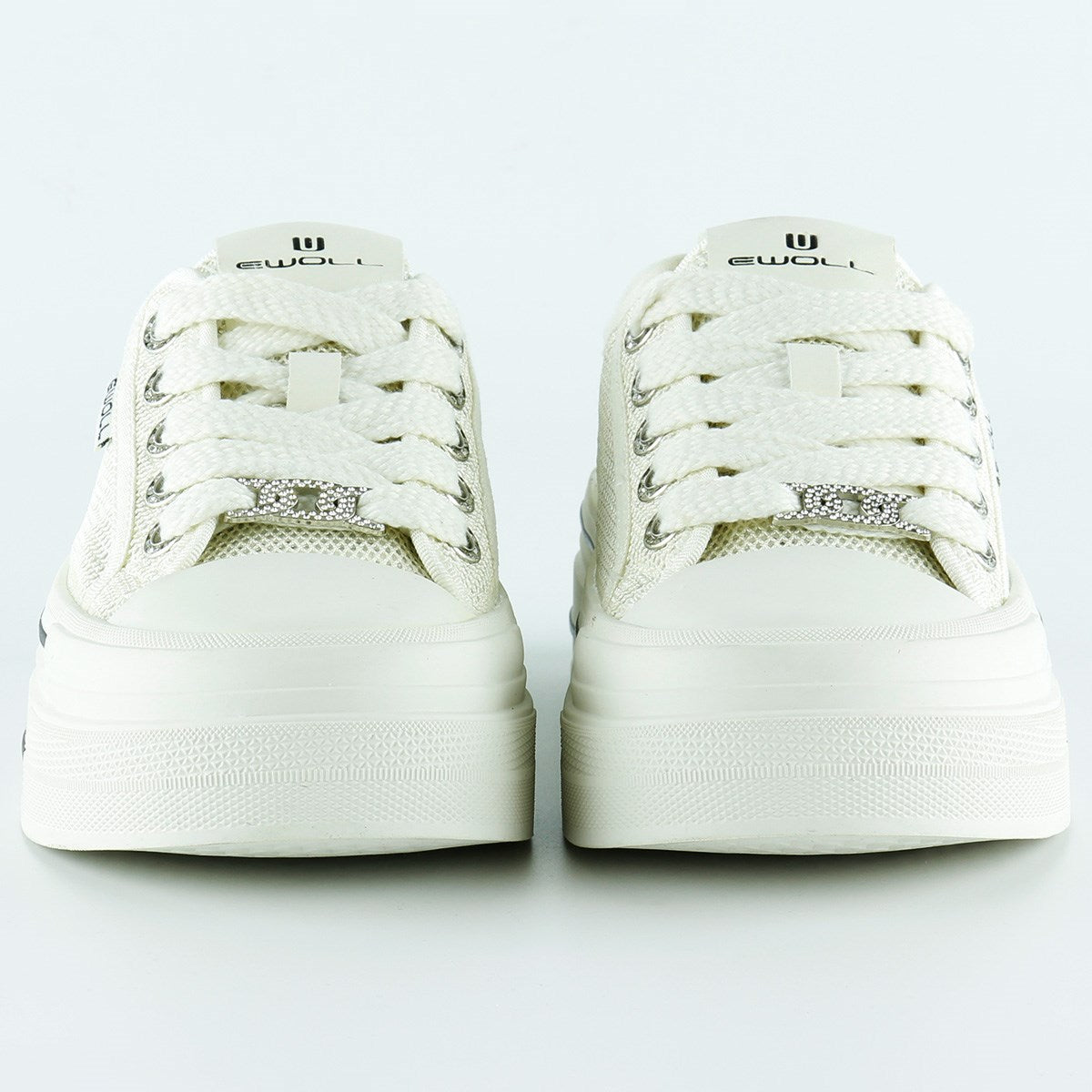 [5025] Beyaz Yüksek Taban Spor Fileli Taşlı Bağcıklı Platform Sneaker