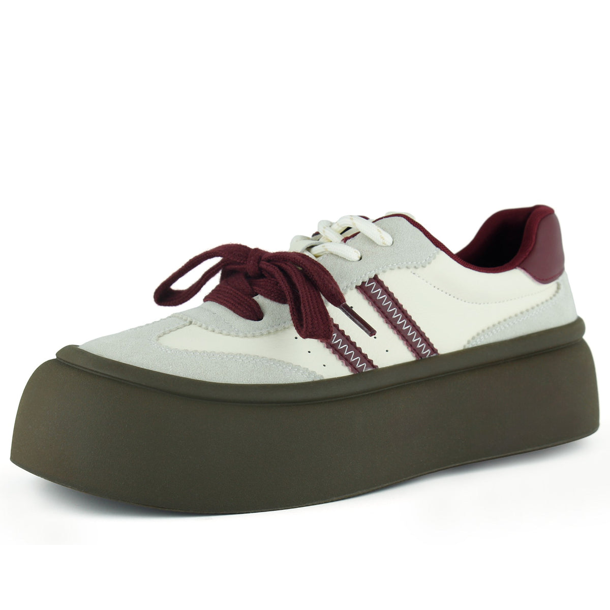 [261-BDL2000] Gri Bordo Vegan Çift Bağcıklı Yuvarlak Burun Flatform Taban Günlük Sneaker Spor Ayakkabı