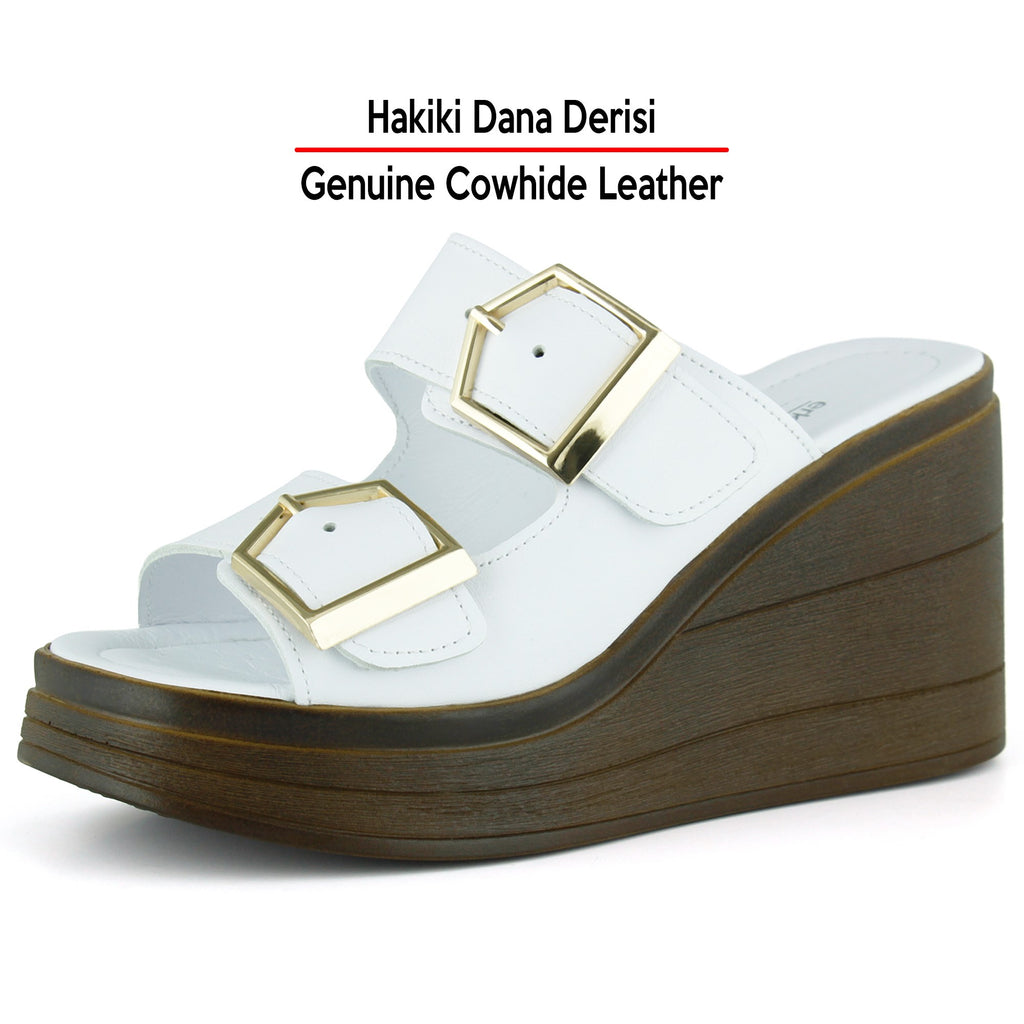 Denise Beyaz Hakiki Dana Derisi Çift Tokalı Platform Dolgu Topuklu Kadın Terlik