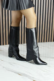 [MAX 450] Siyah Hakiki Dana Derisi Paçalı Fermuarlı Sivri Burun Kalın Topuklu Çizme