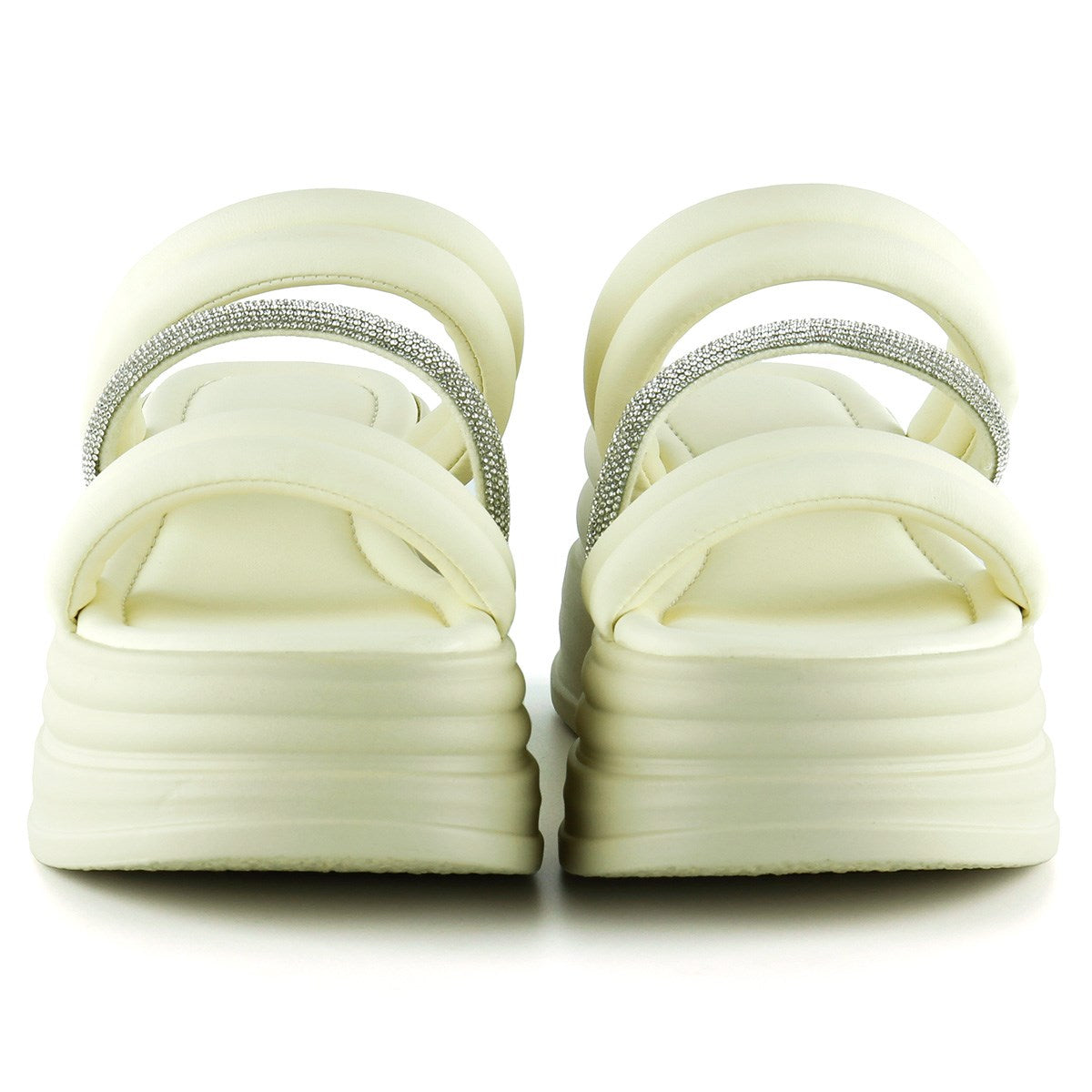 [7028] Bej Dolgu Taban Gümüş Taşlı Bantlı Platform Terlik