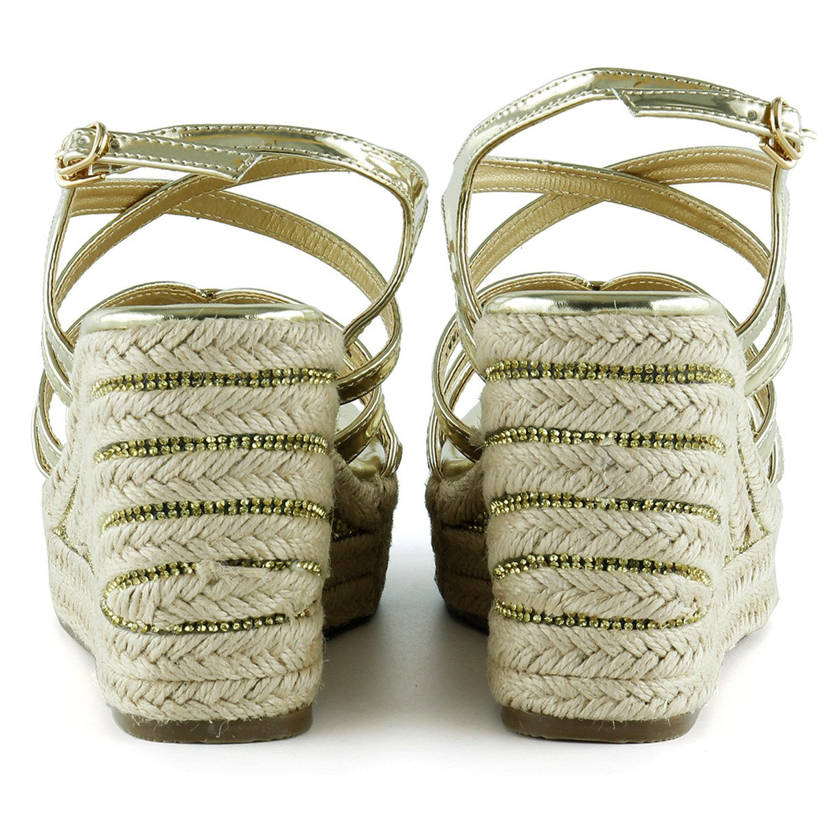 [7002] Altın Rugan Çapraz Bantlı Taşlı Zikzak Örgü Jüt Platform Topuklu Sandalet