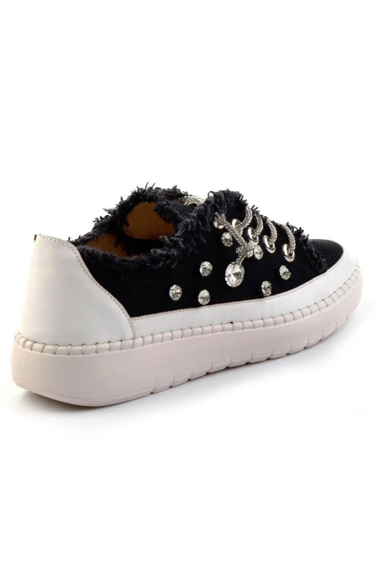 Valentina Siyah Denim Kristal Taşlı Gümüş Bağcıklı Sneaker