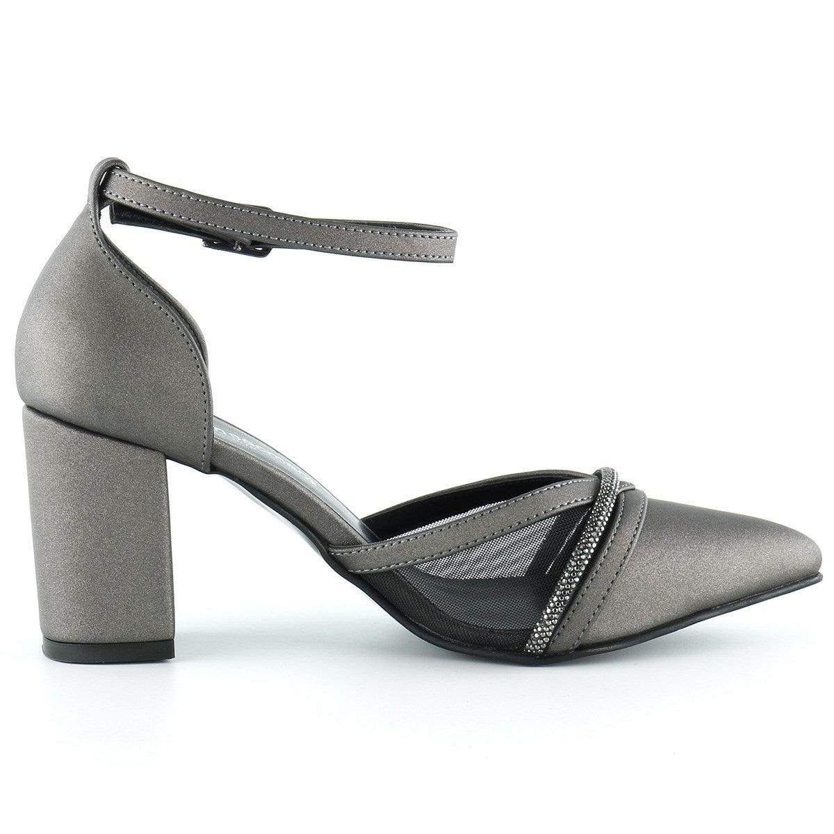 Molly Antrasit Saten Taşlı Fileli Kalın Topuklu Ayakkabı