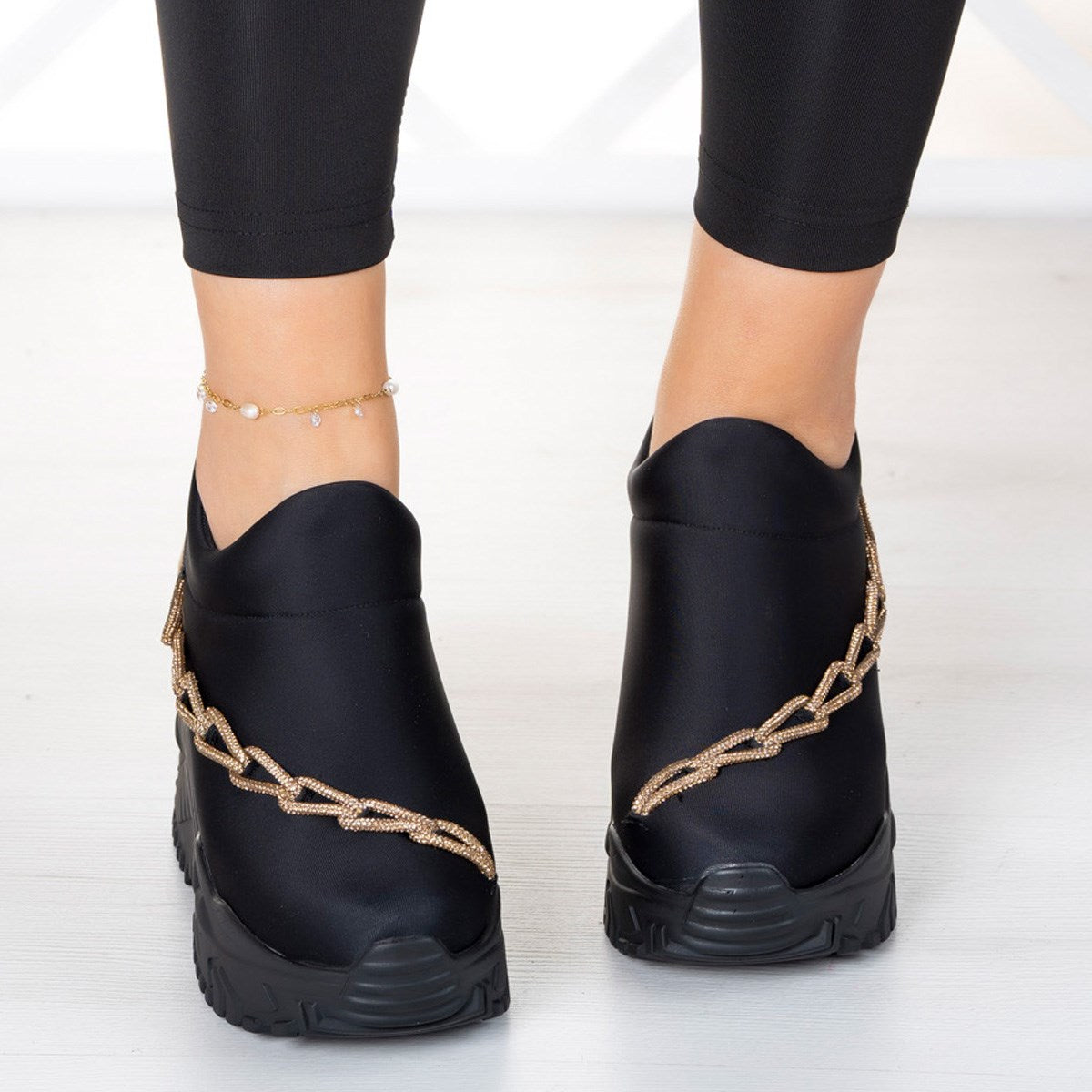 Maggie Siyah Streç Altın Zincirli Gizli Dolgu Günlük Ayakkabı